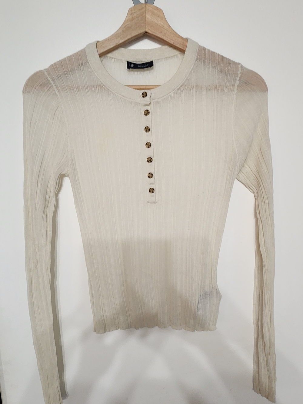 GAP Cream Ribbed Henley Long Sleeve Top with Button Placket